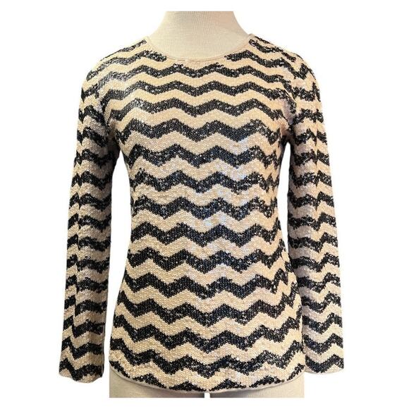 J. Crew Sequin Chevron Stripe Sweater Size S Cream Black Sparkle Festive Preppy - Picture 1 of 9